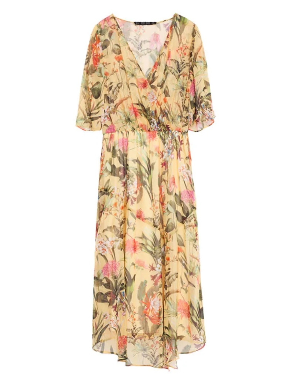 Zara Pale Yellow Floral Wrap Maxi Dress